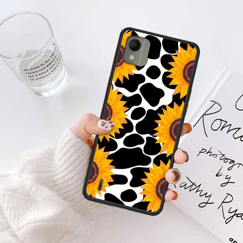 Soft TPU Ultra-Thin Case for Nokia C110, Cow Print Sunflowers, Flexible Anti-Scratch Shockproof