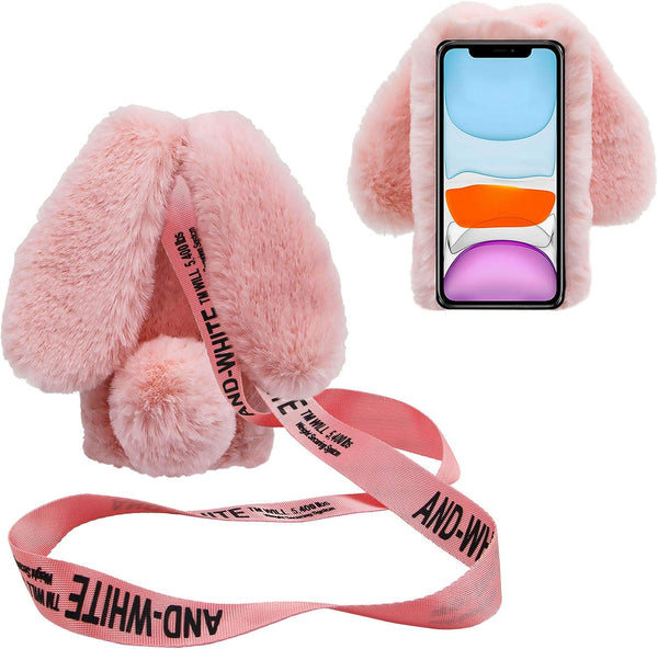 3D Bunny Ears Plush Case for iPhone 5/5S/SE 2016, Handmade Bling Diamond Soft Rabbit Fluffy Shockproof Cover with