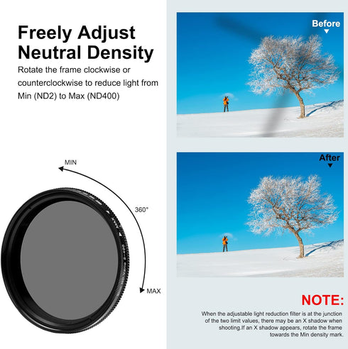 PULUZ 52mm UV+ND2-400 Lens Filter, Adjustable Neutral Density Filter for GoPro Hero11 / Hero11 Black Mini / HERO10 /