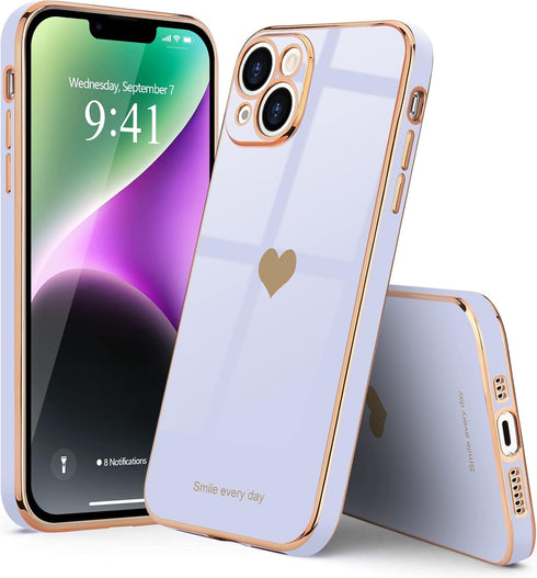 Teageo Cute Love Heart Luxury Electroplate Case for iPhone 14, Raised Camera Protection Bumper, Purple