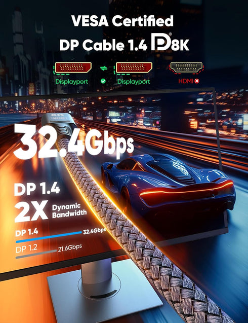 8K 1.4, 6.6FT (8K@60Hz, 4K@144Hz, 2K@240Hz), 32.4Gbps 2.2/FreeSync/G-Sync, Capshi DisplayPort Cable VESA Certified DP