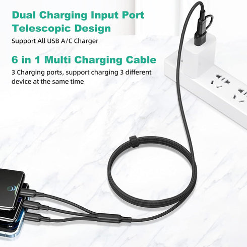 Multi Charging Cable 3Pack-6ft, Multi USB Cable Braided 6 in 1 Multiple Phone Charger Cable Universal USB A/C Charging