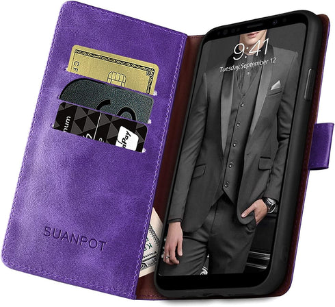 SUANPOT RFID Blocking Leather Wallet Case for Samsung Galaxy S9 5.8", Flip Folio Book Phone Case, Shockproof Cover,