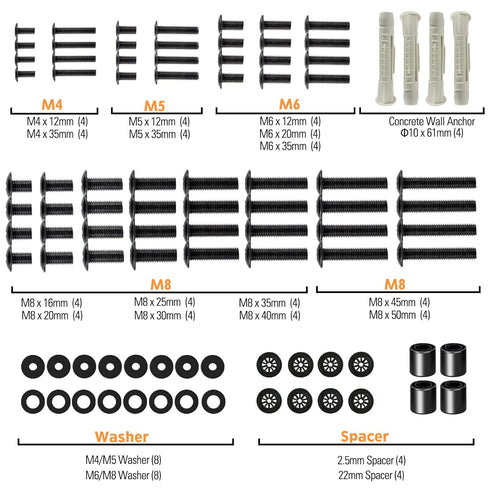 ELIVED Universal TV Mounting Hardware Kit, Fits TVs up to 80 Inch, includes M4 M5 M6 M8 Screws, Washers, Spacers and Concrete Wall Anchors, Compatible for Most Flat/Curved TV/Monitor Mount. YD1013