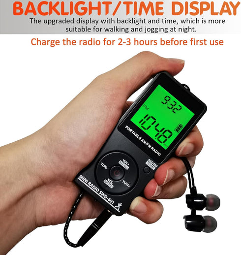 Personal Portable Radio AM/FM, Mini Radio with Digital Tuning LCD Display, Rechargeable Pocket Radio with Earphone,