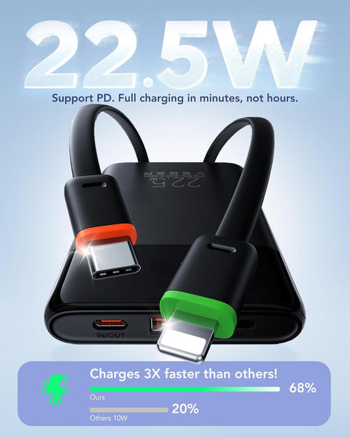 VEGER 22.5W 10000mAh Pack, 17 16 S25 Portable Charger, Ultra Slim Fast Charging with Built in Cable, Flight-Safe USB C