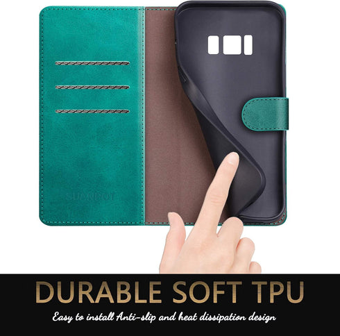 SUANPOT Leather Wallet Case for Samsung Galaxy S8 5.8" with RFID Blocking, Flip Folio Book Phone Case, Blue Green