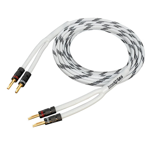 14AWG Speaker Wire Cable (15 Feet), Premium Heavy Duty Braided with Dual Gold Plated Banana Plug Tips, White