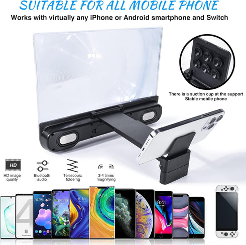 14 inch Phone Screen Magnifier with Bluetooth Speaker, Mobile Phone Screen Amplifier with 2-in-1 Foldable Stretch Stand