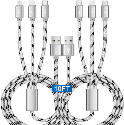 10Ft 3A Multi Charging Cable 2Pcs - 3 in 1 Braided USB Fast Charger for iPhone, Samsung, Pixel, LG, and more.
