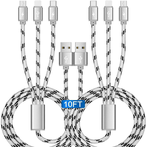10Ft 3A Multi Charging Cable 2Pcs - 3 in 1 Braided USB Fast Charger for iPhone, Samsung, Pixel, LG, and more.