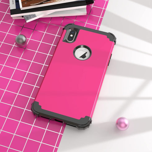 IDweel for iPhone Xs Max Case with Tempered Glass Screen Protector, 3 in 1 Heavy Duty Protection, Rose Red