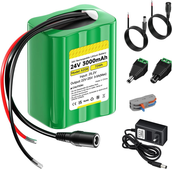 CITYORK 24V Lithium Battery 3000mAh with Charger, Bare Leads, 24 Volt Rechargeable Battery