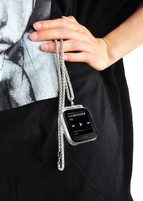 Stainless Steel Chain Necklace Smartwatch Band, Compatible with Fitbit Versa 1/2/Lite, Polished Silver Metal Replacement