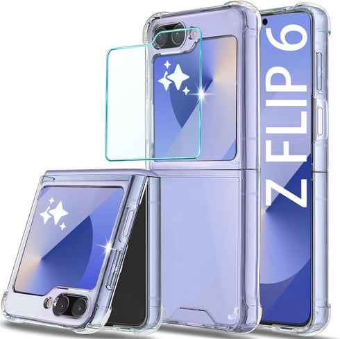 for Samsung Galaxy Z Flip 6 Clear Case with Tempered Glass Screen Protector, Slim Fit Shockproof Cover