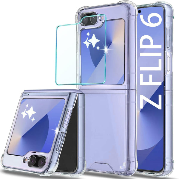for Samsung Galaxy Z Flip 6 Clear Case with Tempered Glass Screen Protector, Slim Fit Shockproof Cover