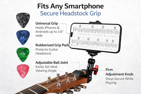 Generic 5 Guitar Head Phone Holder Mount with Picks, Universal Clip-On Smartphone Stand for Guitar & Ukulele