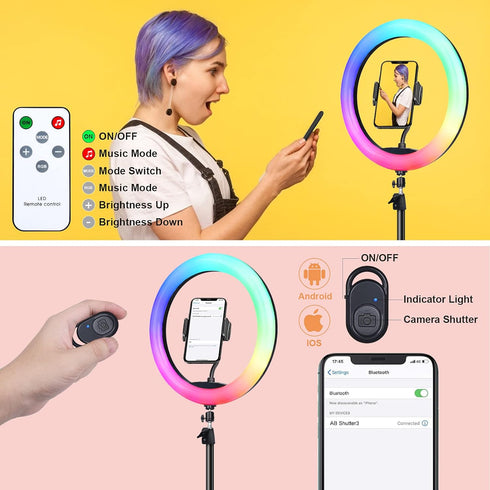 13" Selfie Ring Light with 63" Tripod Stand & 3 Phone Holders, LED Camera Ringlight with RGB Colors for Makeup/Videos