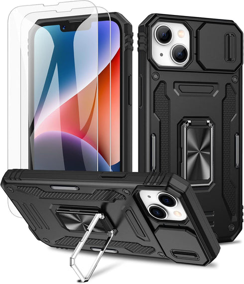 Maxdara iPhone 14/13 Case, Black - 360° Rotating Ring Kickstand, Slide Camera Cover & Glass Screen Protector, 6.1"