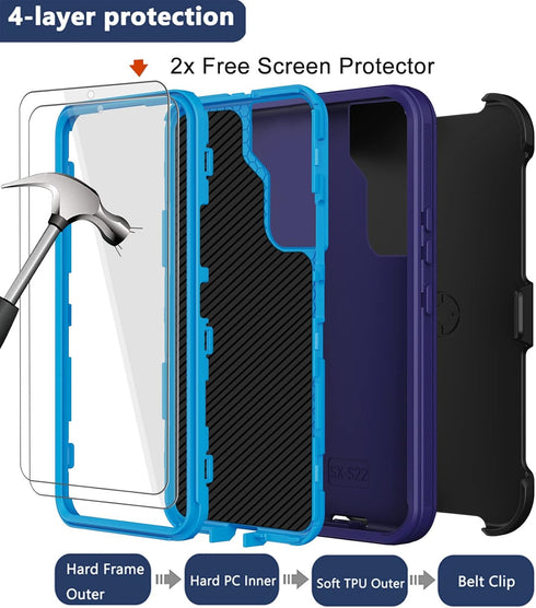 Samsung Galaxy S22 Case with Belt Clip Holster, 2X Screen Protector, Military Grade Heavy Duty Shockproof Cover (Blue)
