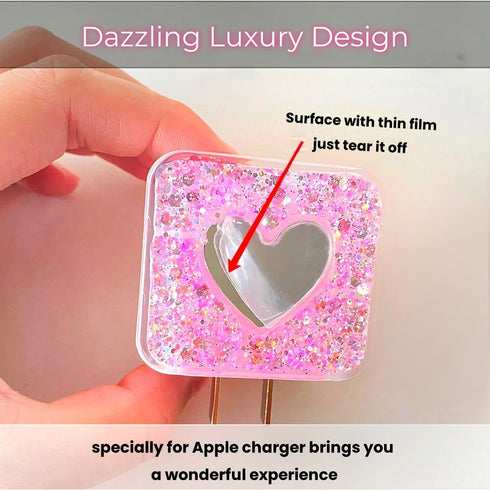 Cable Protector for iPhone Charger, Sparkle Love Heart Design for Women, Luxury Soft Data Line Cover (Silver)