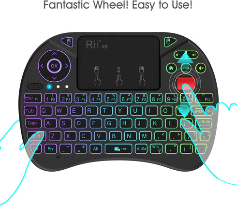 Rii X8 Mini Keyboard, 2.4GHz Portable Wireless Keyboard with Touchpad Mouse, RGB Backlit, Rechargeable for Android TV