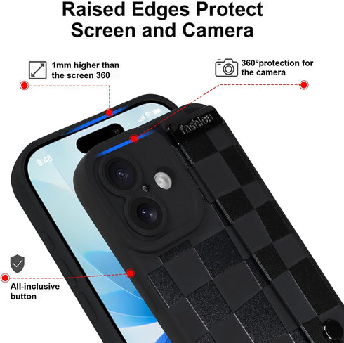 OOK 17 6.3inch Compatible with iPhone Silicone Phone Case with Strap, Trendy Checkerboard Pattern for Women Girls