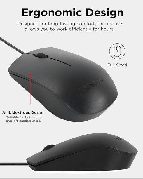 Lenovo USB-C Wired Mouse, Full Size, Ambidextrous Design, Black, Ergonomic Shape, Precision Sensor, Plug-and-Play