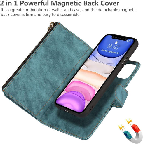 iCoverCase for iPhone 11 Wallet Case, Card Holder and Wrist Strap, PU Leather Flip Cover Case 6.1 Inch (Blue)