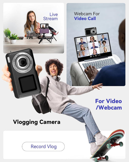 Jexylon 2.7K 16x 32GB Digital Camera, Real Dual-Screen Digital Camera for Photography Auto-Focus Vlogging Camera