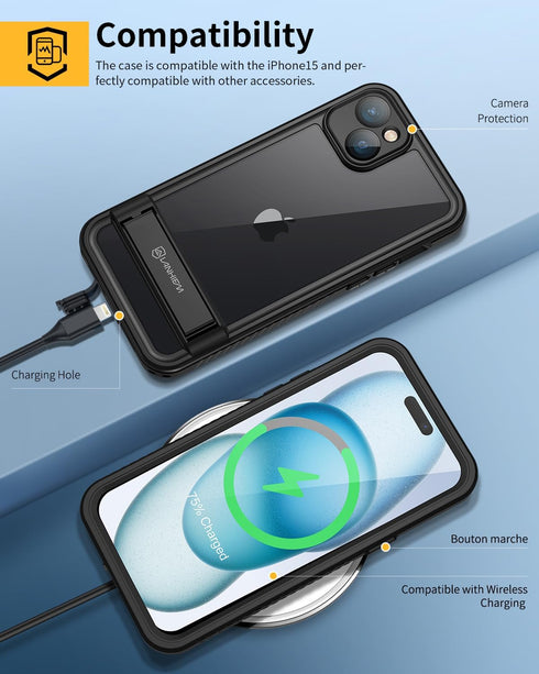 Lanhiem 15 IP68 15, 6.1 Inch for iPhone Case with Kickstand, Waterproof Dustproof Built-in Screen Protector, Full Body