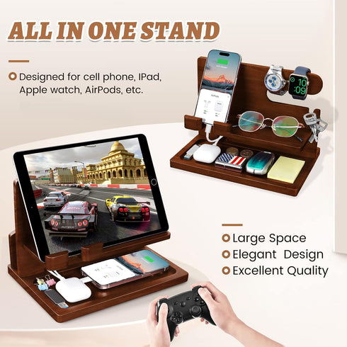 Wood Phone Docking Station, Nightstand Charging Organizer and Cell Phone Stand, Bedside Gift for Men