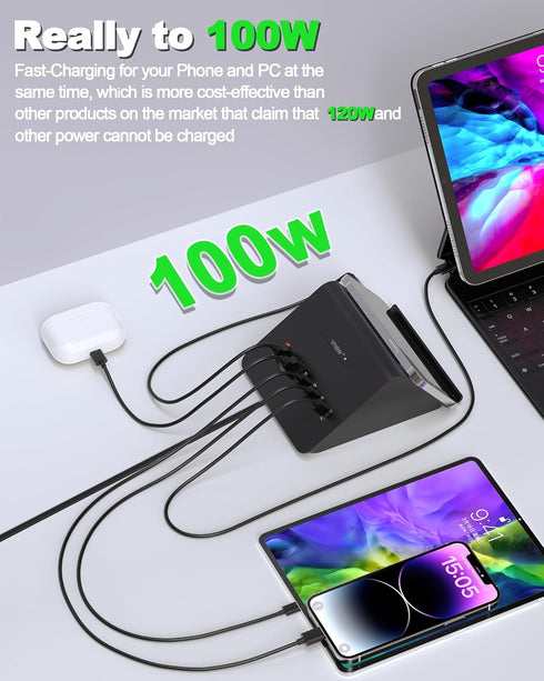 Multi-Device Charging Station, 100W GaN 6-Port USB C Charger Hub with 45W PD Wall Adapter & 15W Wireless Charger,