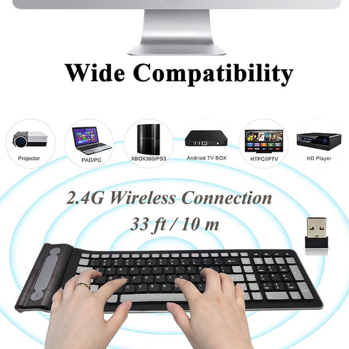 Wireless Silicone Keyboard, Portable Foldable Roll Up Soft Rubber Keyboard for PC, Laptop, and Travel (Black and Gray).
