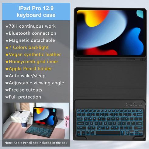 SENGBIRCH Keyboard Case for iPad Pro 12.9-inch, 3rd to 6th Generation, RGB Backlit, USB-C, Bluetooth Detachable Folio