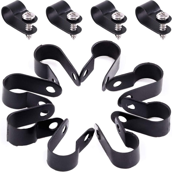 Hilitchi 120Pcs R Type Plastic Cable Clamp with Screws, Screw Mounting Cord Fastener for Wire Management (3/8", Black)