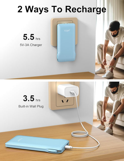 TG90° 10000mAh Power Bank with Built-in Foldable AC Wall Plug and Cables, Ultra Slim Portable Charger for iPhone 16/15