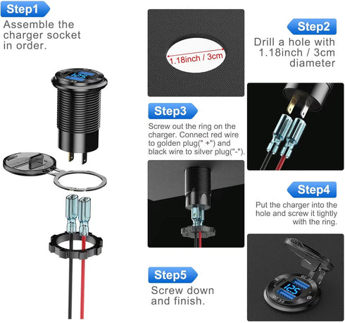 12V USB Outlet Wire Aluminum Car Charger Multi Port, Dual USB Quick Charge 3.0 Port and PD USB C Socket