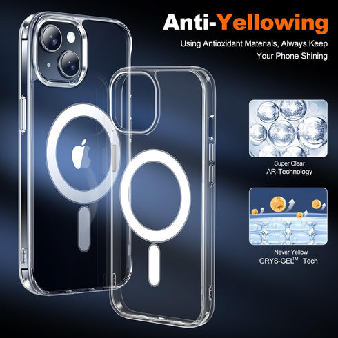 JAME Clear iPhone 15 Case, Shockproof Slim Fit, Magnetic, Compatible with MagSafe, Includes 2 Glass Screen Protectors.