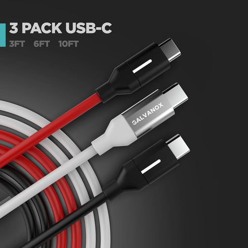 3-Pack Fast Charging Type-C Cables (10Ft, 6Ft, 3Ft) for iPhone 15, 15 Pro Max/Samsung Galaxy/Nintendo Switch (USBC
