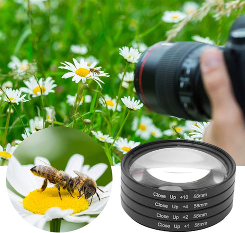 Macro Close Up Lens Filter Kit 58mm for Cameras with +1 +2 +4 +10, Optical Glass