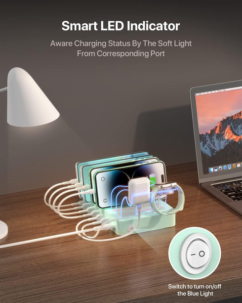 SooPii 60W/12A 6-Port Charging Station - PD 20W USB C Fast Charging for iPhone 14/13/12, 6 Short Cables Included