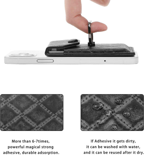 Black Cell Phone Card Holder - RFID Ring Stand Stick on Wallet for All Smartphones, Adhesive Credit Card Holder
