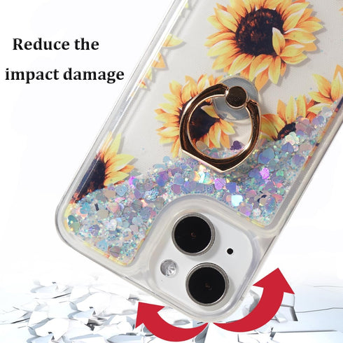 Glitter Case with Ring Holder for iPhone 15, Clear Kickstand Soft TPU Bling Girly Liquid Holiday
