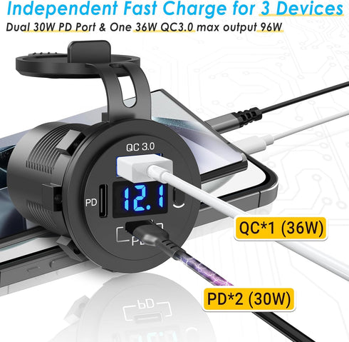 96W USB 12V Outlet 3 Port with 2 Type C Cable: Multi USB C Car Charger Adapter Dual PD30W & QC3.0 Auto Cigarette