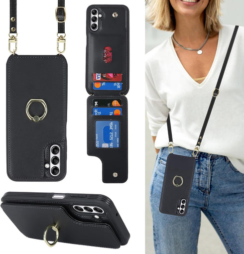 for Samsung Galaxy A13 5G Case with Card Holder and Strap, Crossbody Lanyard, Ring Stand, Snap Clasp, Phone Wallet