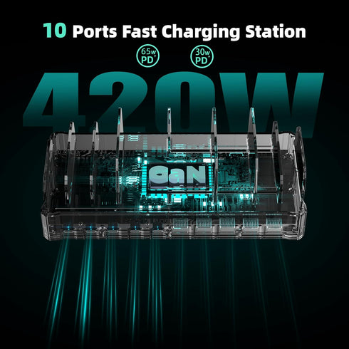 zobirez 420W 10-Port Charging Station for Multiple Devices, USB C Fast Charger Stations for MacBook, iPhone, Android