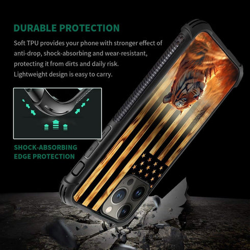 DJSOK Classic Wood Grain American Flag Case for iPhone 15, Dual Layer Shockproof Rugged Cover for Men Boys Girls