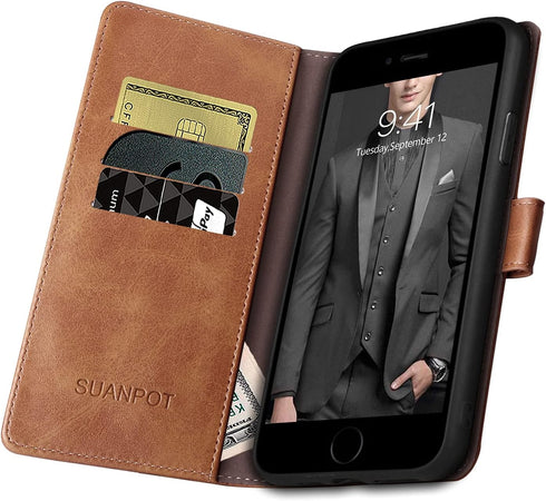 SUANPOT Flip Book Phone Case for iPhone 7 Plus/8 Plus 5.5" with RFID Blocking Leather Wallet, Brown