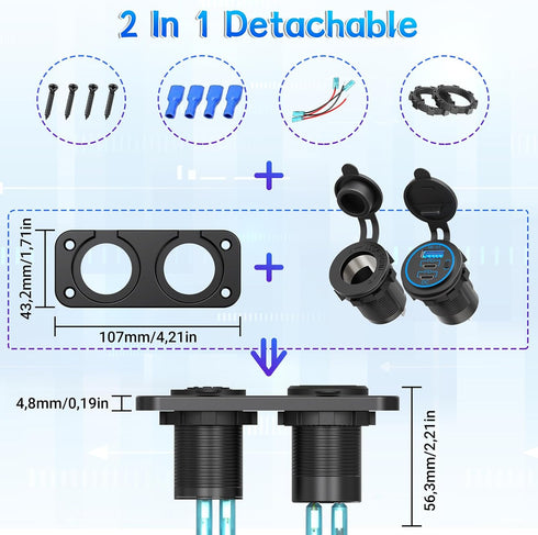 Cigarette Lighter Socket Qidoe 12V Splitter Panel, 78W Dual USB C PD&QC3.0 Car Charger Socket with ON/Off Switch